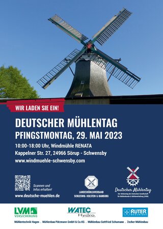 Plakat DGM Deutscher Mühlentag am 29.05.2023 an der Windmühle RENATA in Sörup Schwensby von 10-18 Uhr